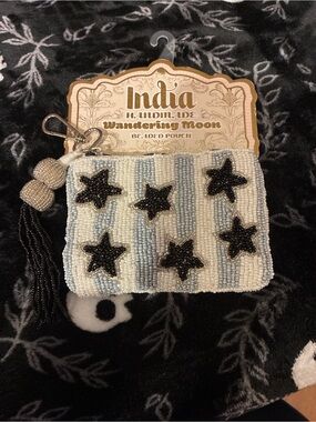 India Handmade Beaded Star Card & Key Pouch - White & Light Blue